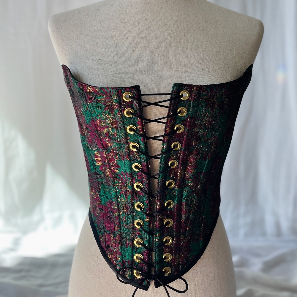 Metallic, Forest Green & Maroon Floral Jacquard Corset Top - Handmade Corset